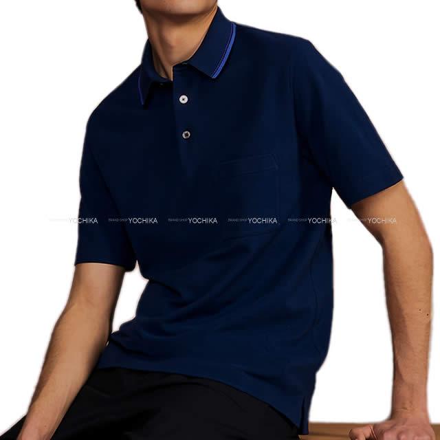 HERMES エルメス メンズ 胸ポケット付 襟ステッチ＆ライン ポロシャツ #M マリン コットン100％ 新品
