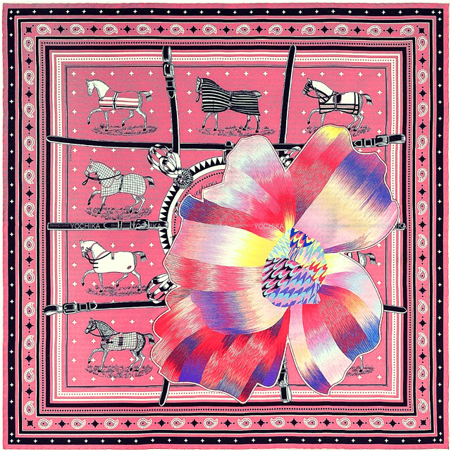 HERMES　スカーフ　バンダナカレ55　花咲く織物　ピンク　aq8464