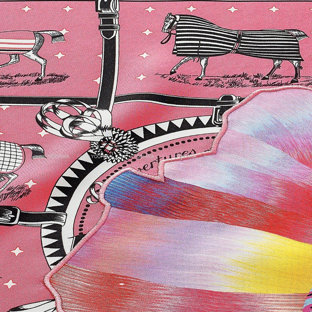 エルメス カレ 55 フルリ バンダナ 京都 マーブル 馬着 フラワー刺繍 スカーフ シルク100％ ローズ マルチカラー ピンク 箱付 HERMES（新品・未使用品）
