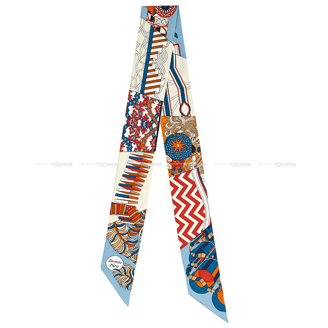 HERMES エルメス スカーフ ツイリー 杖傘と決闘 ブルー/ポティロン/クリーム シルク100％ 新品